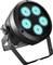 A round, black LED spotlight with five illuminating, blue lights on an adjustable stand for stage lighting.