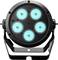 A circular LED spotlight with five glowing, cyan-coloured lights on a black background. Ideal for stage lighting.