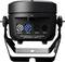 Black LED spotlight with multiple power and DMX control connections. Brand logo on the right side.