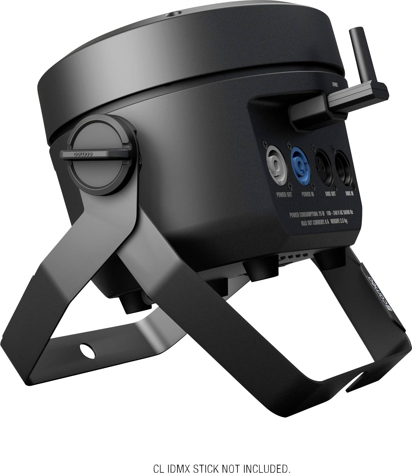 A black LED spotlight with metal stand, connection sockets and power cable connection on the side. Text underneath: 'CL IDMX Stick not included'.