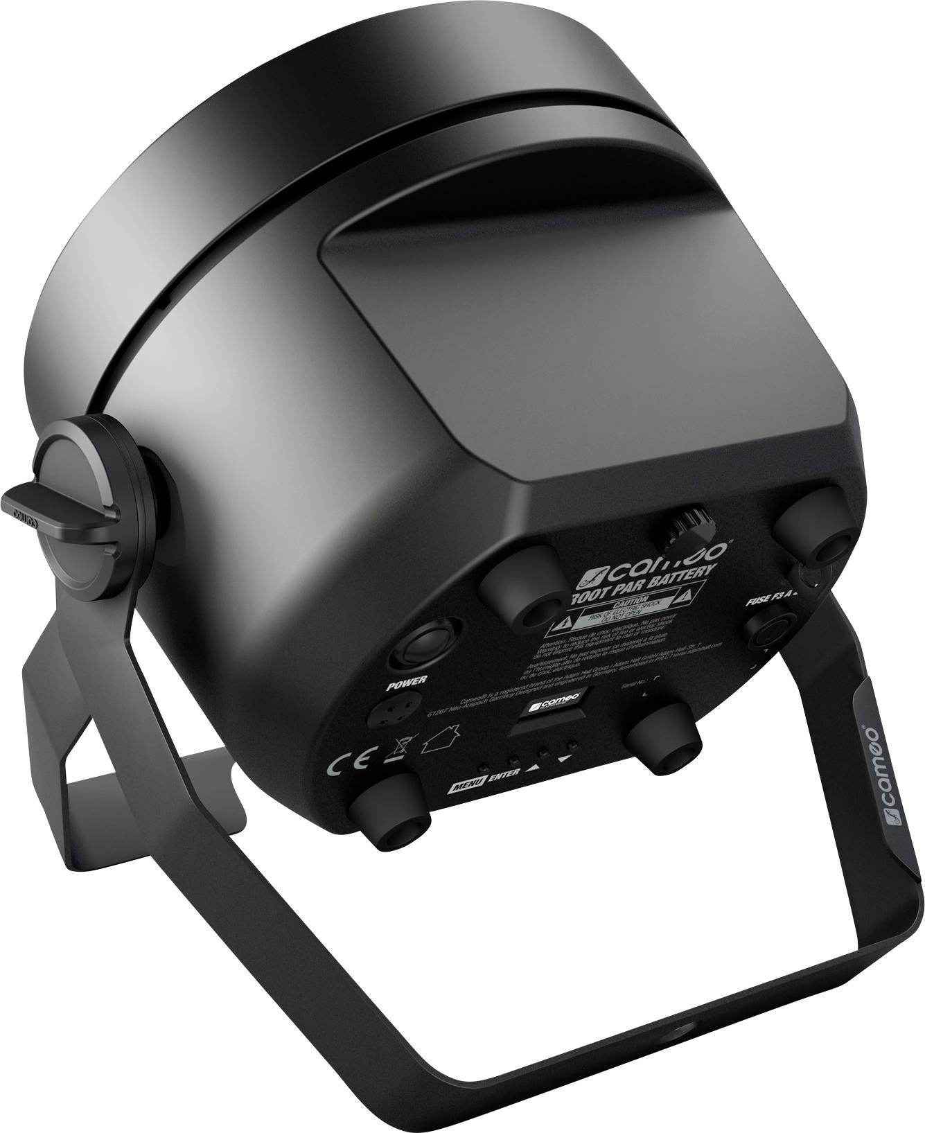 Black LED headlight on a black mount, turned sideways. Various adjustment knobs and connections are visible.