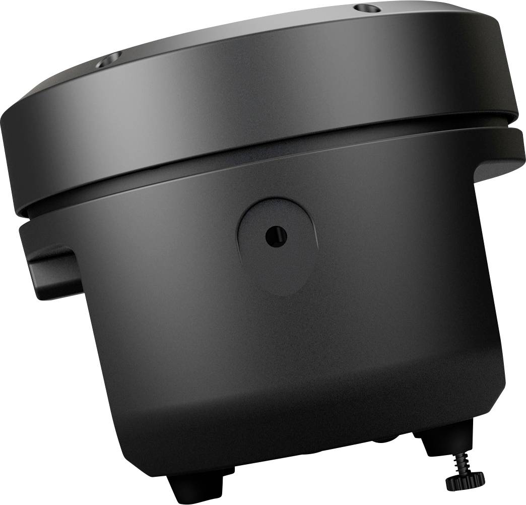 A black, cylindrical device with a smooth surface and mounting mechanisms, potentially a camera or sensor unit.