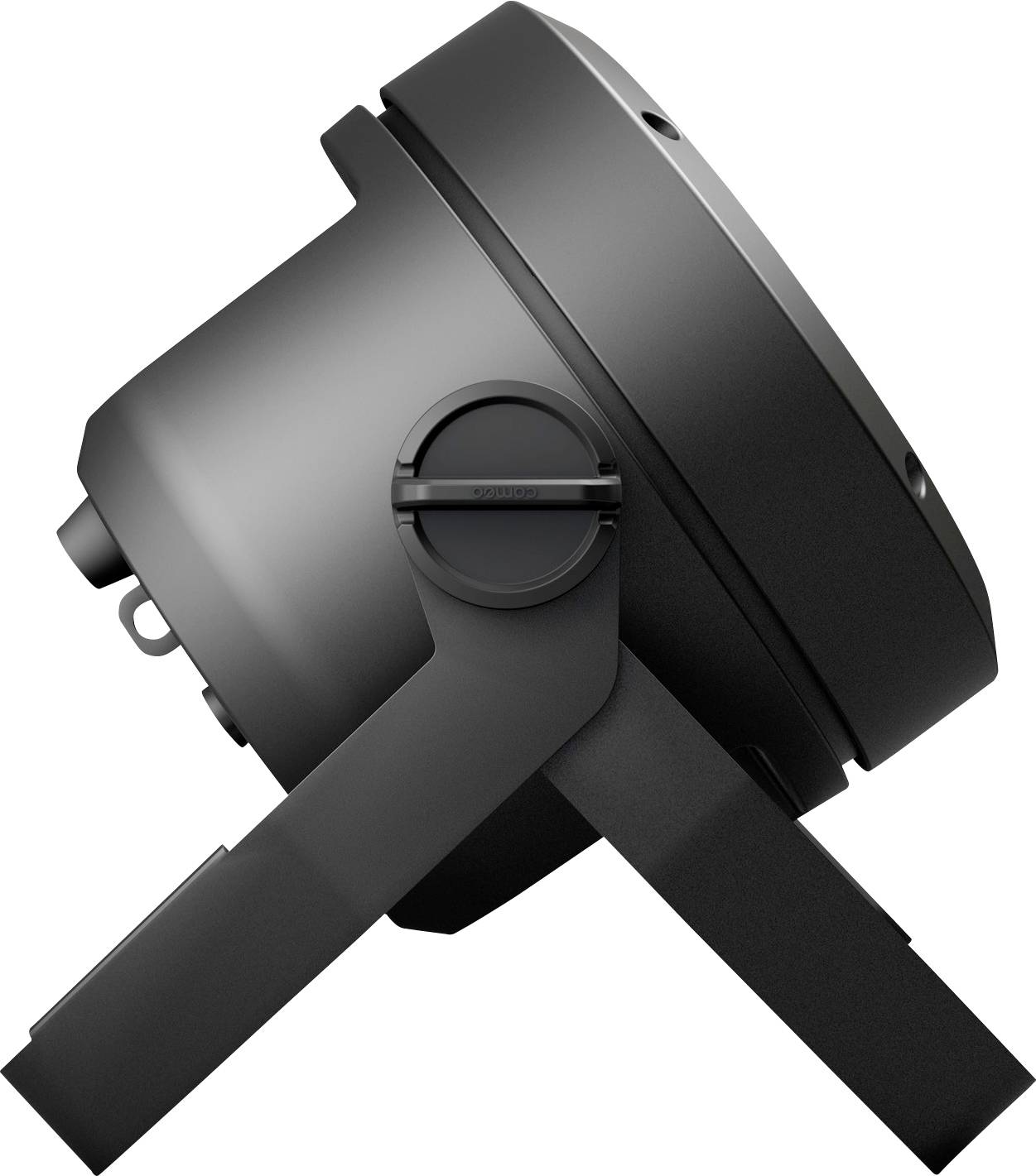 Side view of a black, modern LED spotlight with adjustable tripod base, suitable for stage lighting.