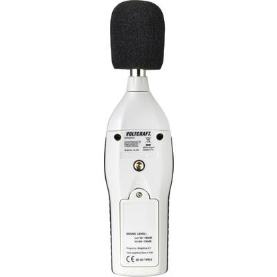 A hand-held sound level metre with microphone and controls. Label shows brand 'Voltcraft' with technical specifications underneath.