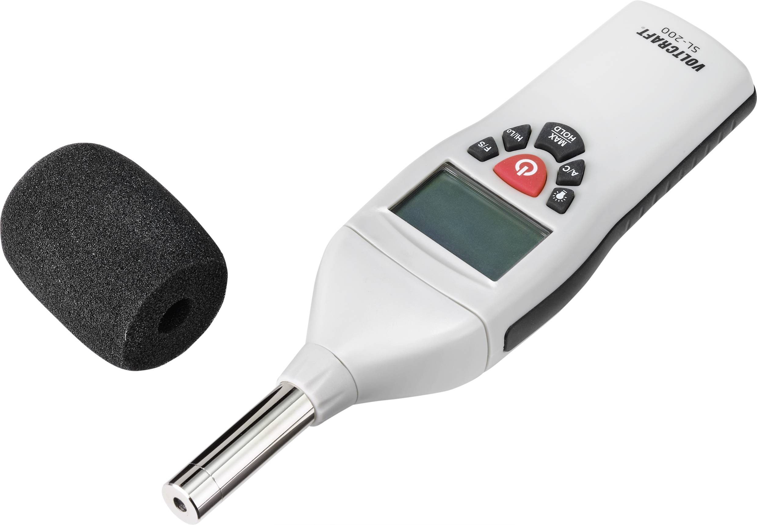 A digital sound level meter with an attached microphone and separate foam windscreen.