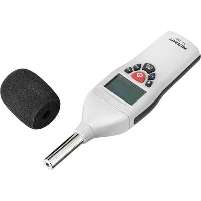 A digital sound level meter with an attached microphone and separate foam windscreen.
