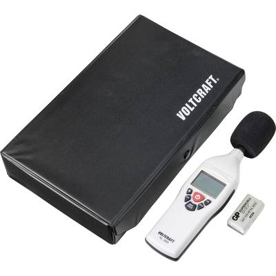 Sound level meter with microphone, battery and black case by Voltcraft; suitable for measuring noise levels in various environments.