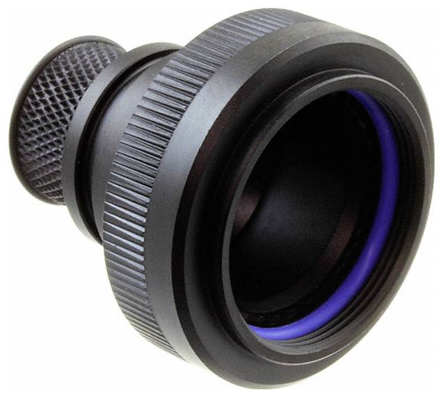 A close-up image of a black optical viewfinder with textured grip, designed for camera use, showing cylindrical shape and lens opening.