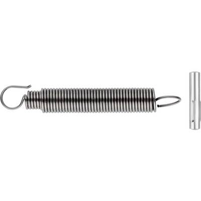 A metallic tension spring with a hook at each end and a straight metal rod beside it, demonstrating its potential function.