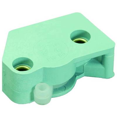 A green plastic component with two visible mounting holes and a small protruding pin beneath them.