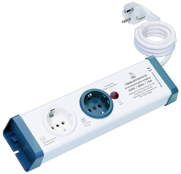 White extension socket strip with a blue border, three plug sockets and a surge protection button. Ideal for household appliances.