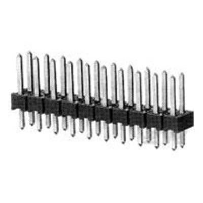 'Electrical pin connector with black plastic elements and metal pins, arranged in a single line. Suitable for circuit boards.'