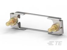 Two gold-coloured bolts, mounted parallel in a silver mounting bracket. Technical component with no further external features.