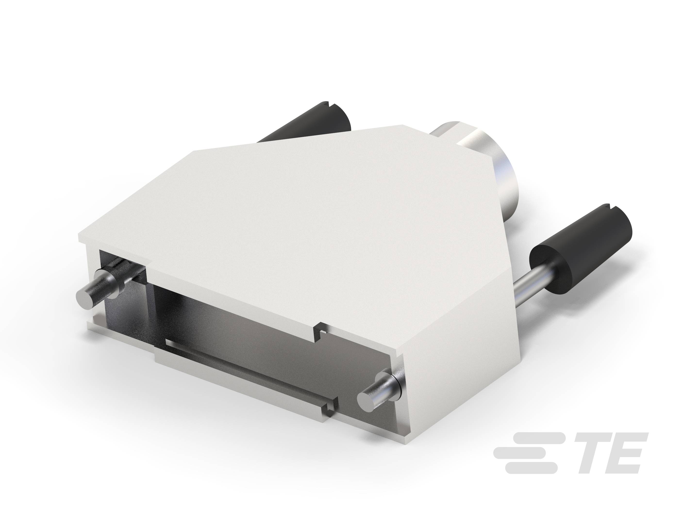 A white, wedge-shaped metal block with two protruding pins and an opening at the front. Matte metal surface, minimalist in design.