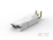A white Ethernet plug with golden contacts, slightly angled.