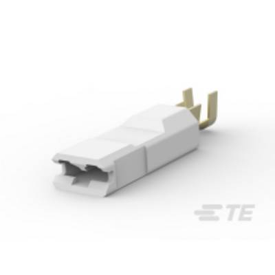 A white Ethernet plug with golden contacts, slightly angled.