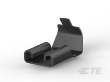 A black plastic clip with a rectangular base and protruding hook, used for securing cables or thin items.