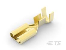 Golden crimp terminal for electrical connections, shown from the side.