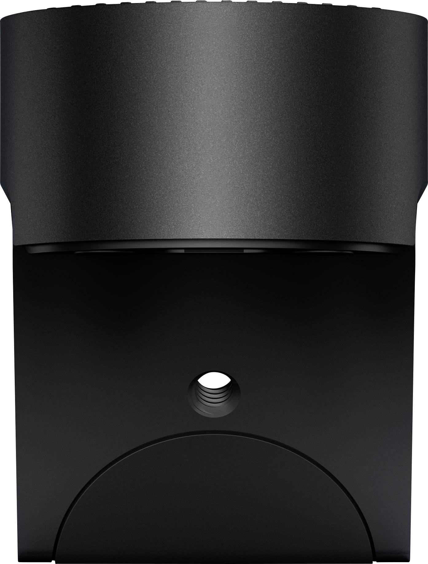 Black, round device with a hole in the centre, potentially suitable for wall mounting.