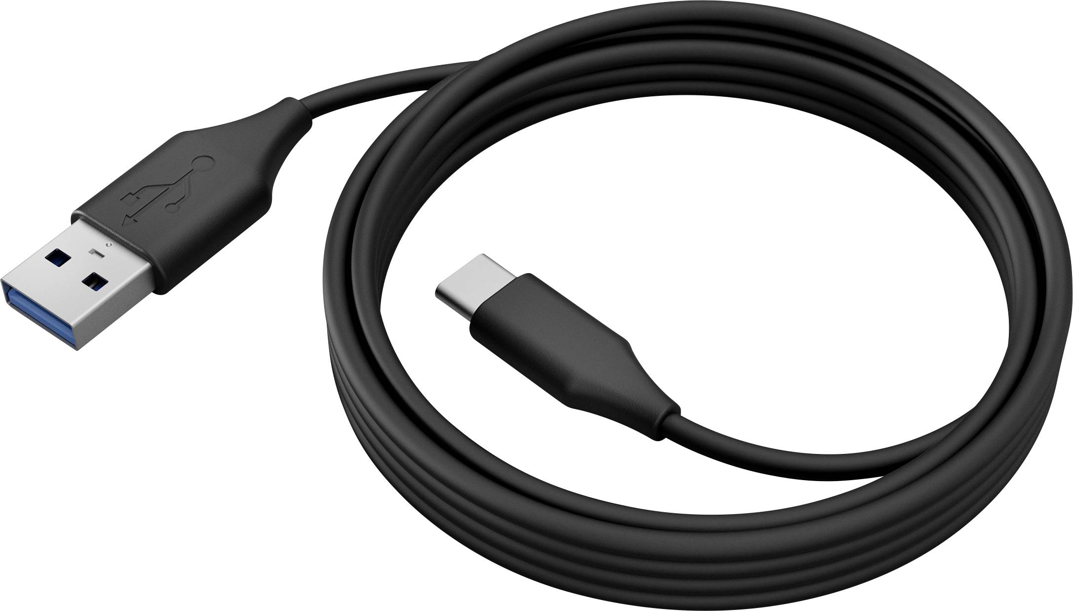 Black USB cable with USB-A plug on one side and USB-C plug on the other, for data transfer and charging.