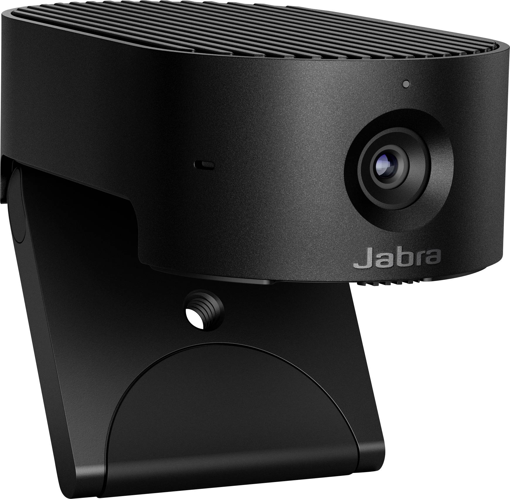 'Black webcam with the brand name Jabra, mounted on a stand. The lens is visibly centred on the front.'