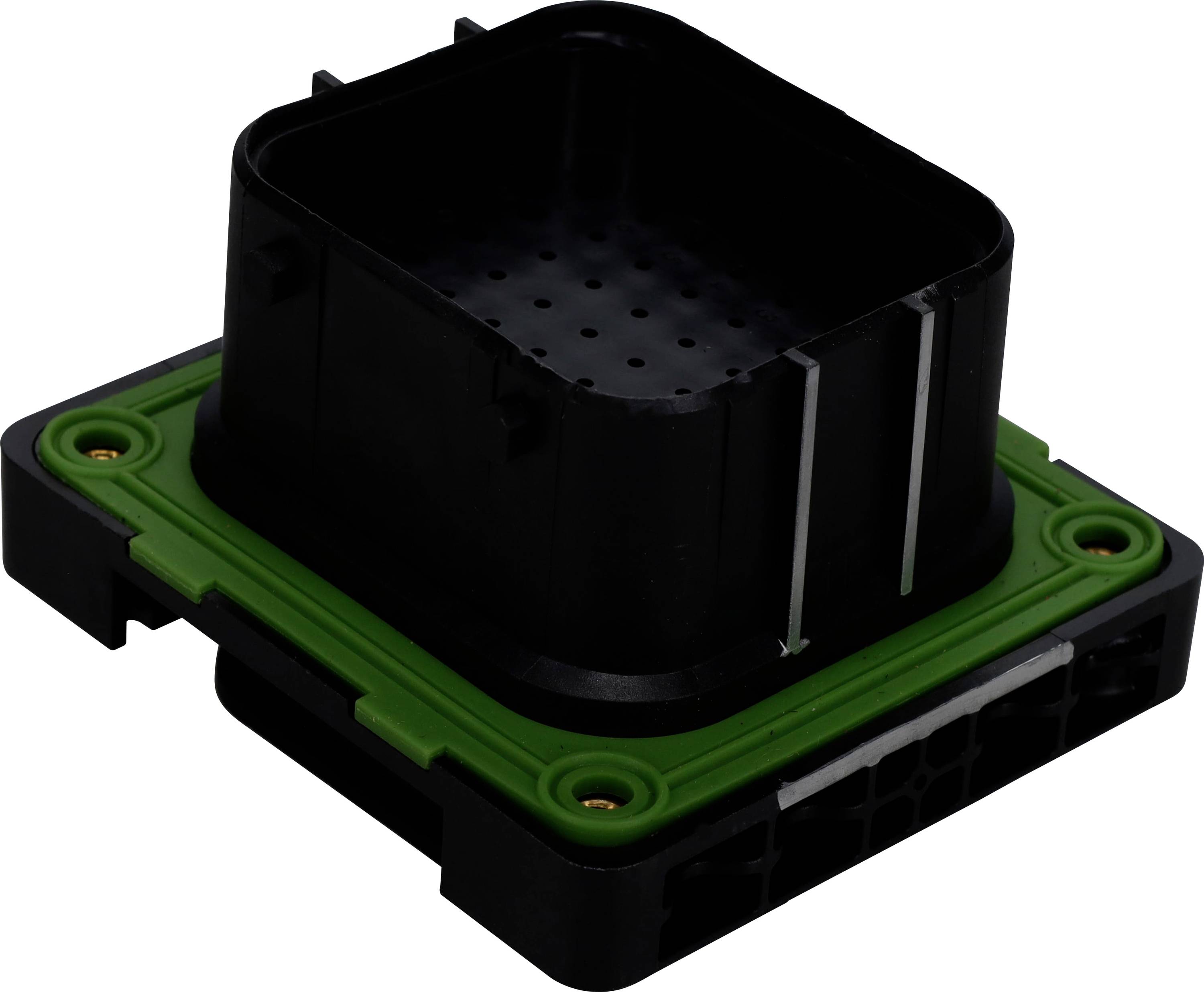 The image shows a black rectangular electronic component with a green base and two metal pins, possibly a sensor or connector device.