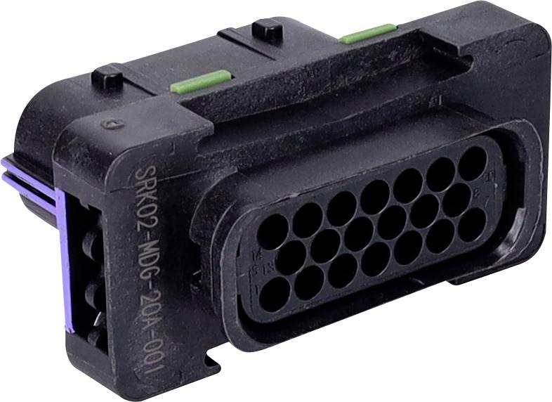 'A black automotive connector with multiple circular pins for electrical connections, featuring green and purple accent marks.'