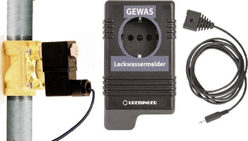 'Water Leak Detector System: A yellow sensor connected to a black control unit with cables. Brand labelling visible.'