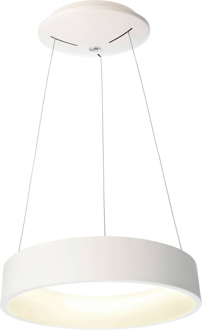 Modern white circular pendant light hanging from three thin cables, viewed from below, with a glowing underside.