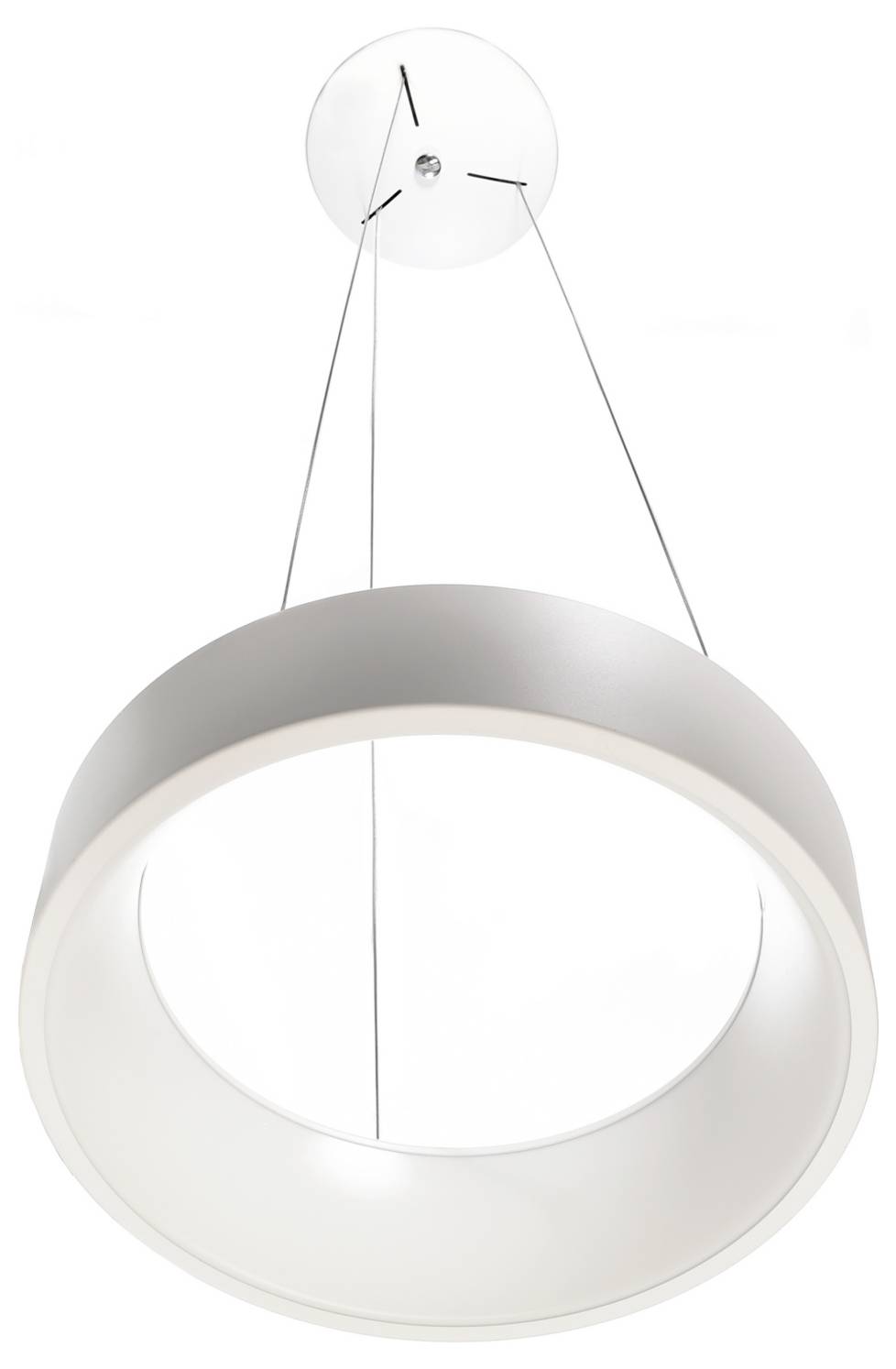 Modern white circular pendant light hanging from the ceiling by thin cables.