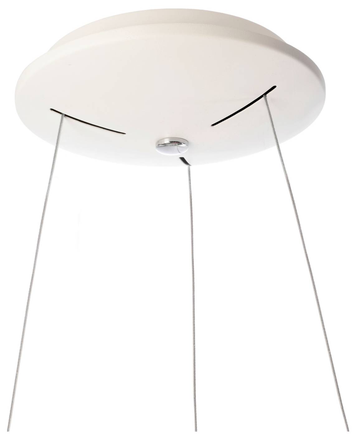 Underside view of a round white ceiling light fixture with three hanging support rods and a central wiring point.<br>