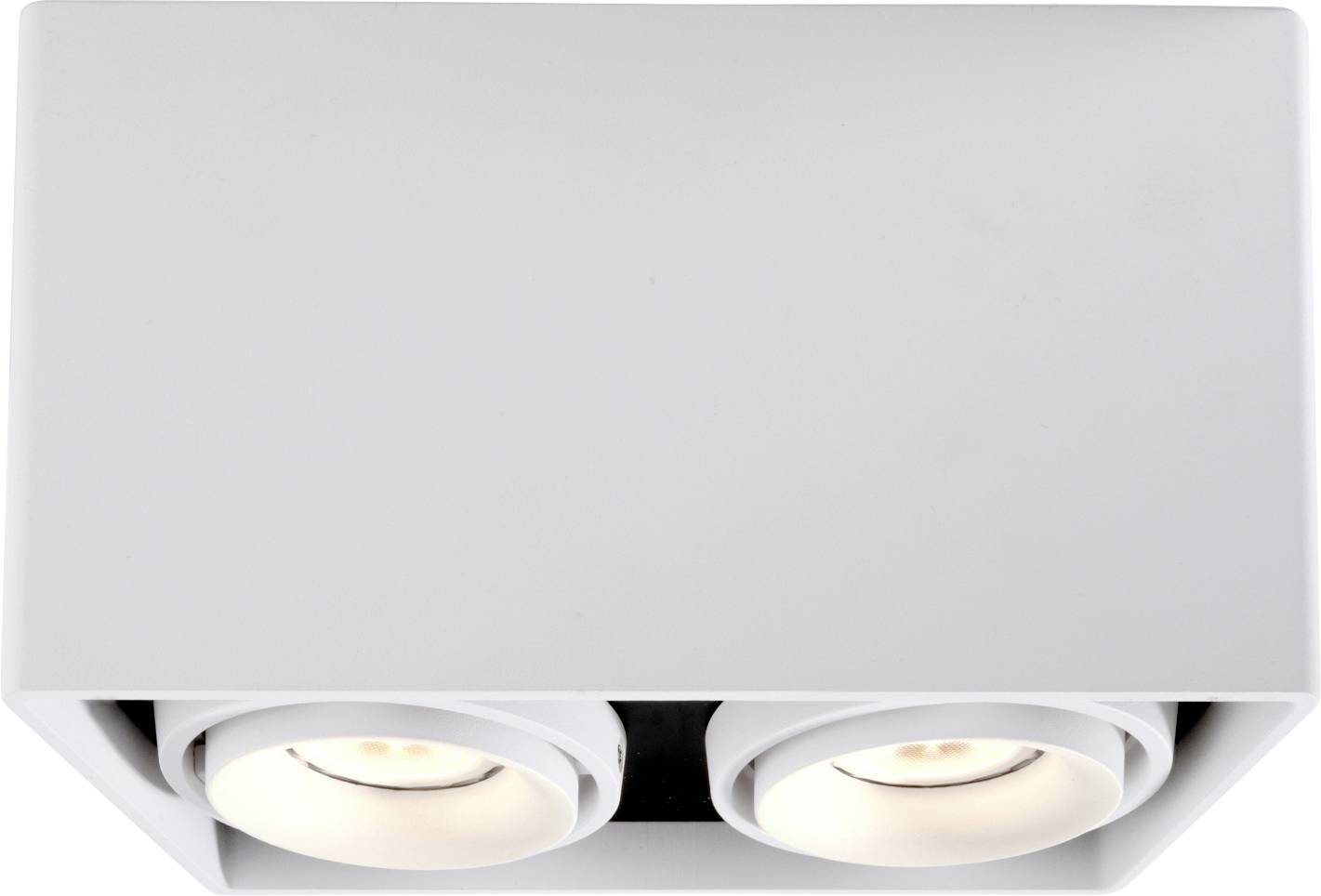 A white, rectangular ceiling light with two round, built-in LED spotlights. Suitable for modern interiors.