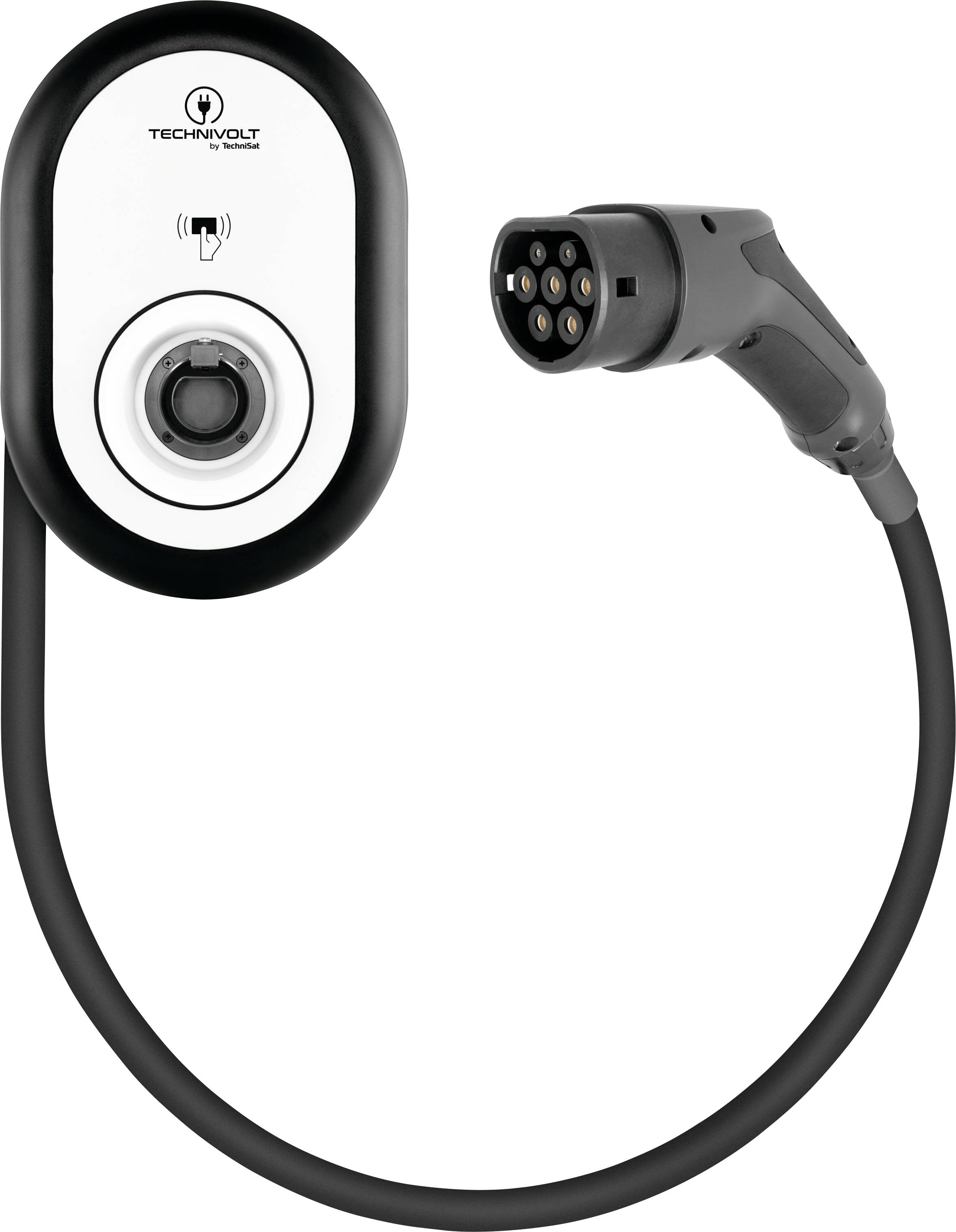 Electric vehicle charging point with cable and plug, suitable for charging electric cars, brand name 'TECHNOVOLT' visible at the top.