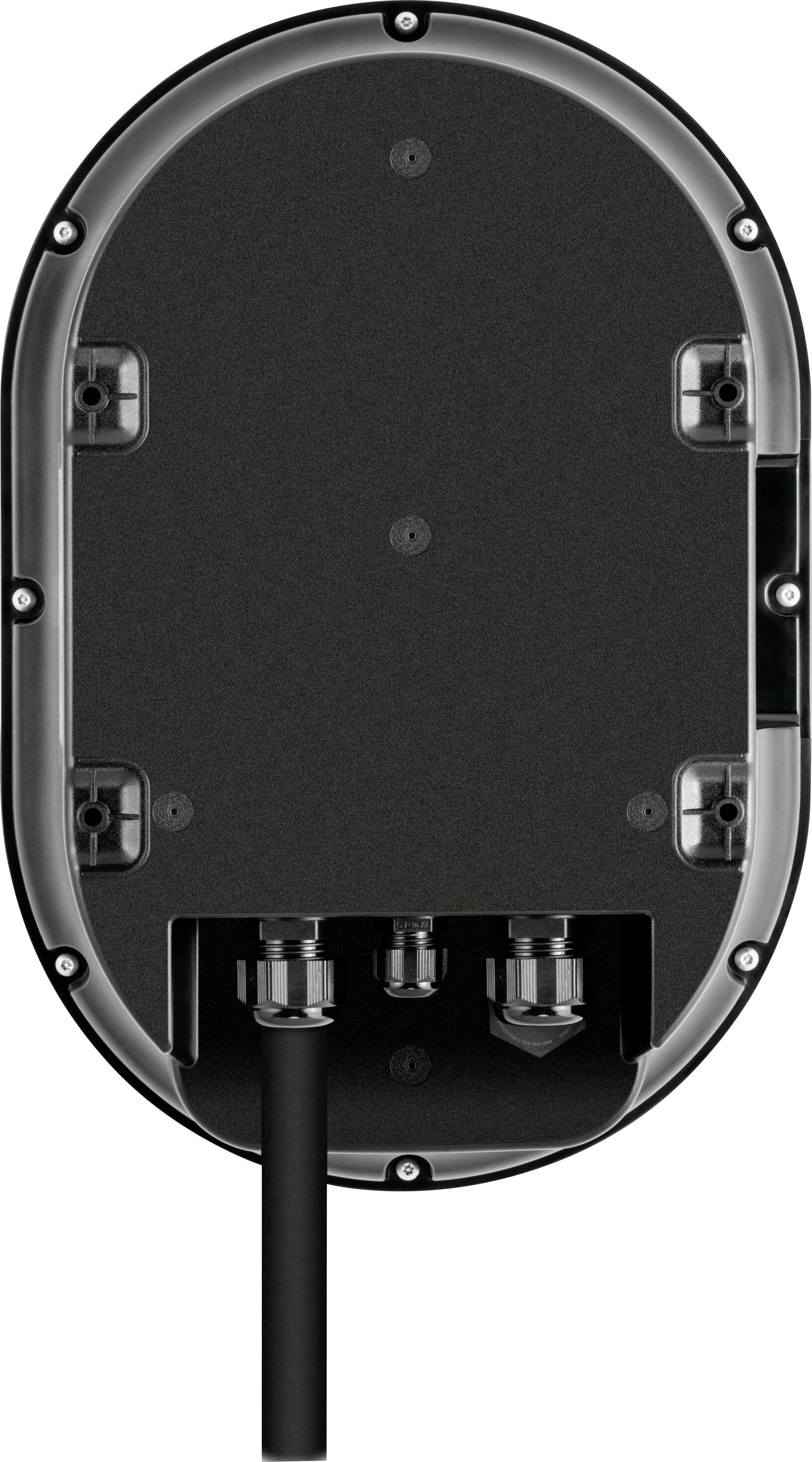 A black, oval device with cable outlets on its underside. It has six visible screws and transparent side panels.