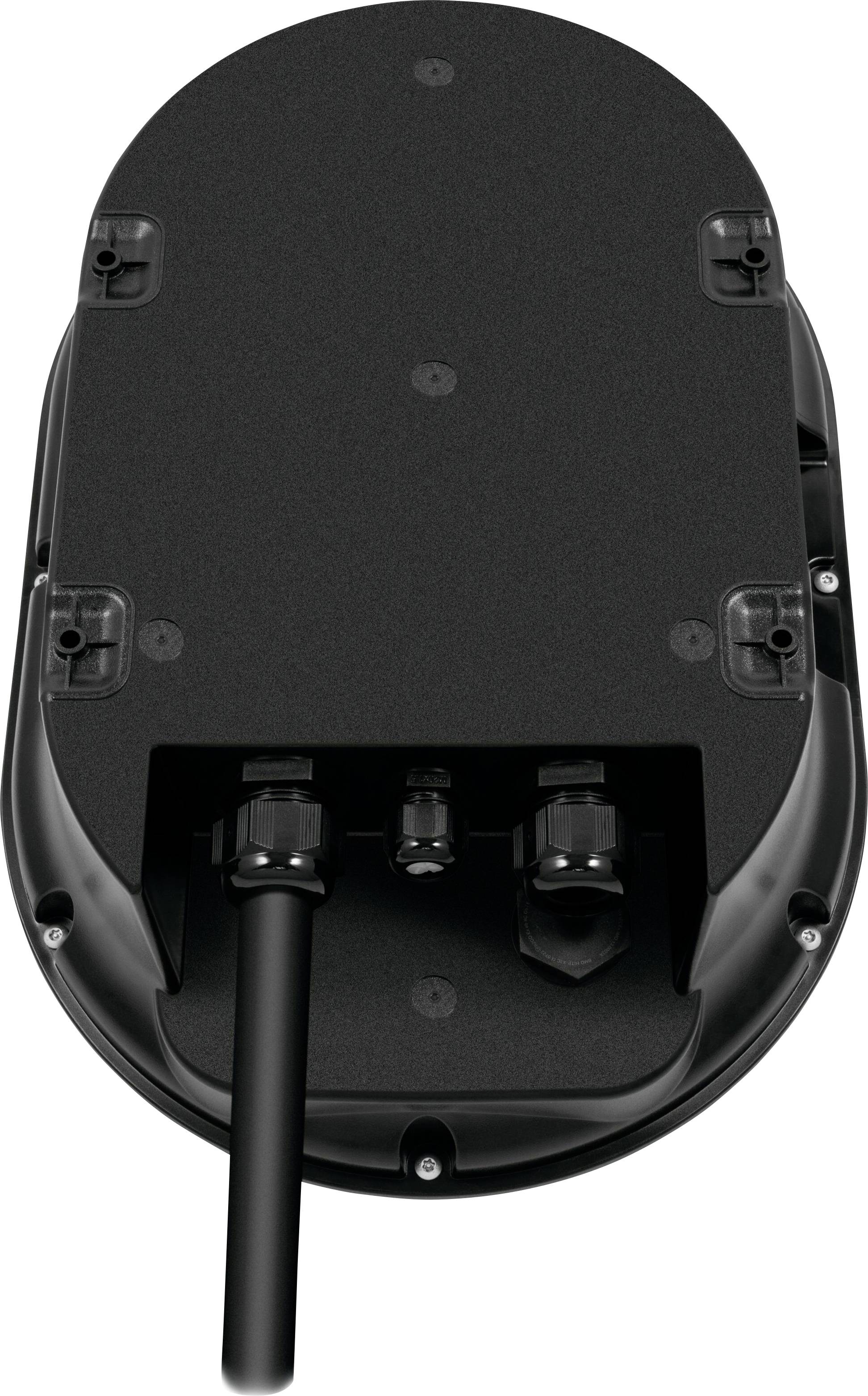 Underside of an electronic device with two cable connections and an antenna in the centre. Housing has four mounting points.