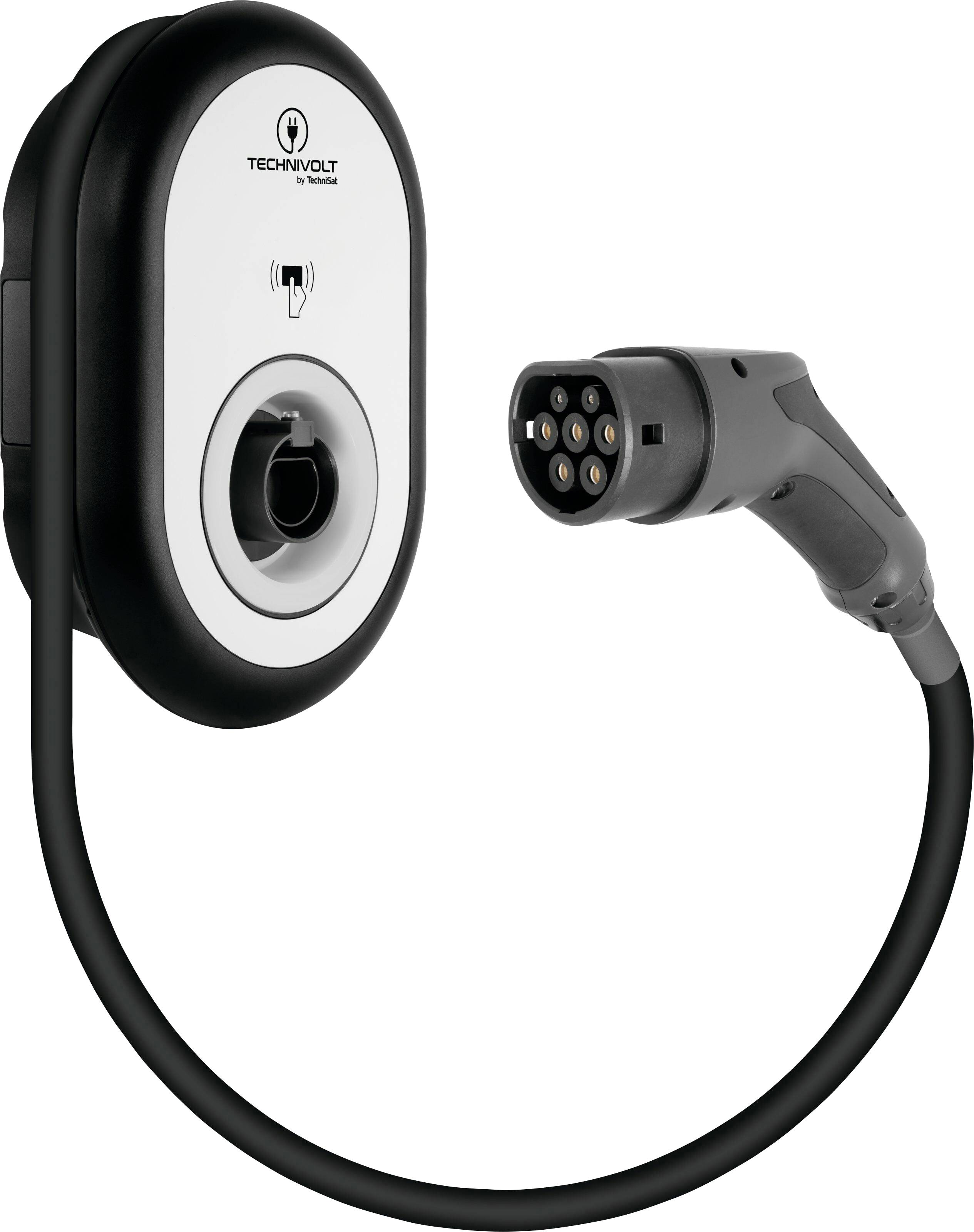 Electric vehicle charging station with cable and connector for charging electric vehicles.