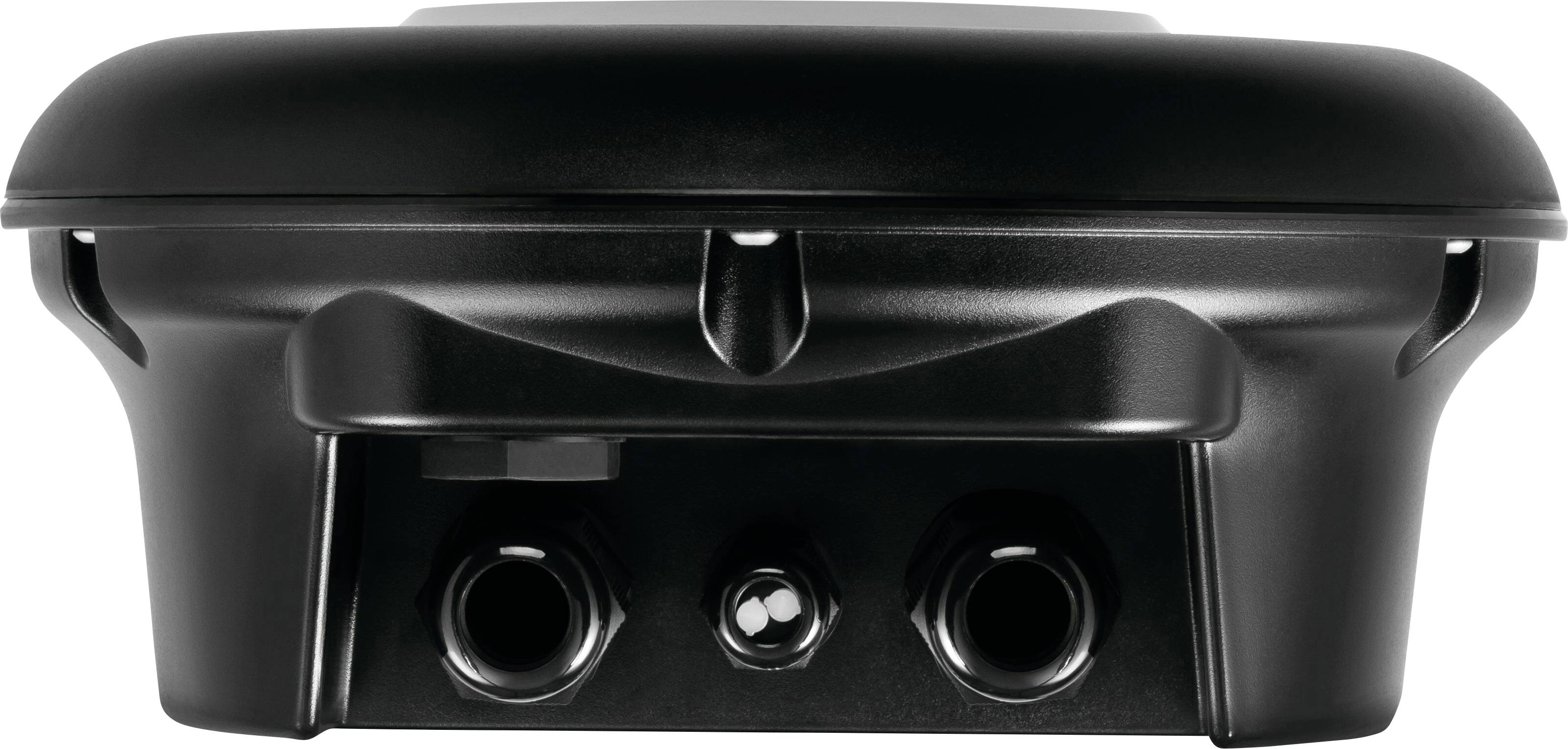 A black, rectangular device with three connections on its underside, likely for electrical or technical applications.