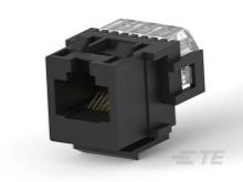 A black RJ45 network plug for Ethernet cables, shown from the side. It has eight gold-plated pins for connection.
