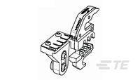 Technical drawing of a complex mechanical component with multiple screw holes and movable elements.