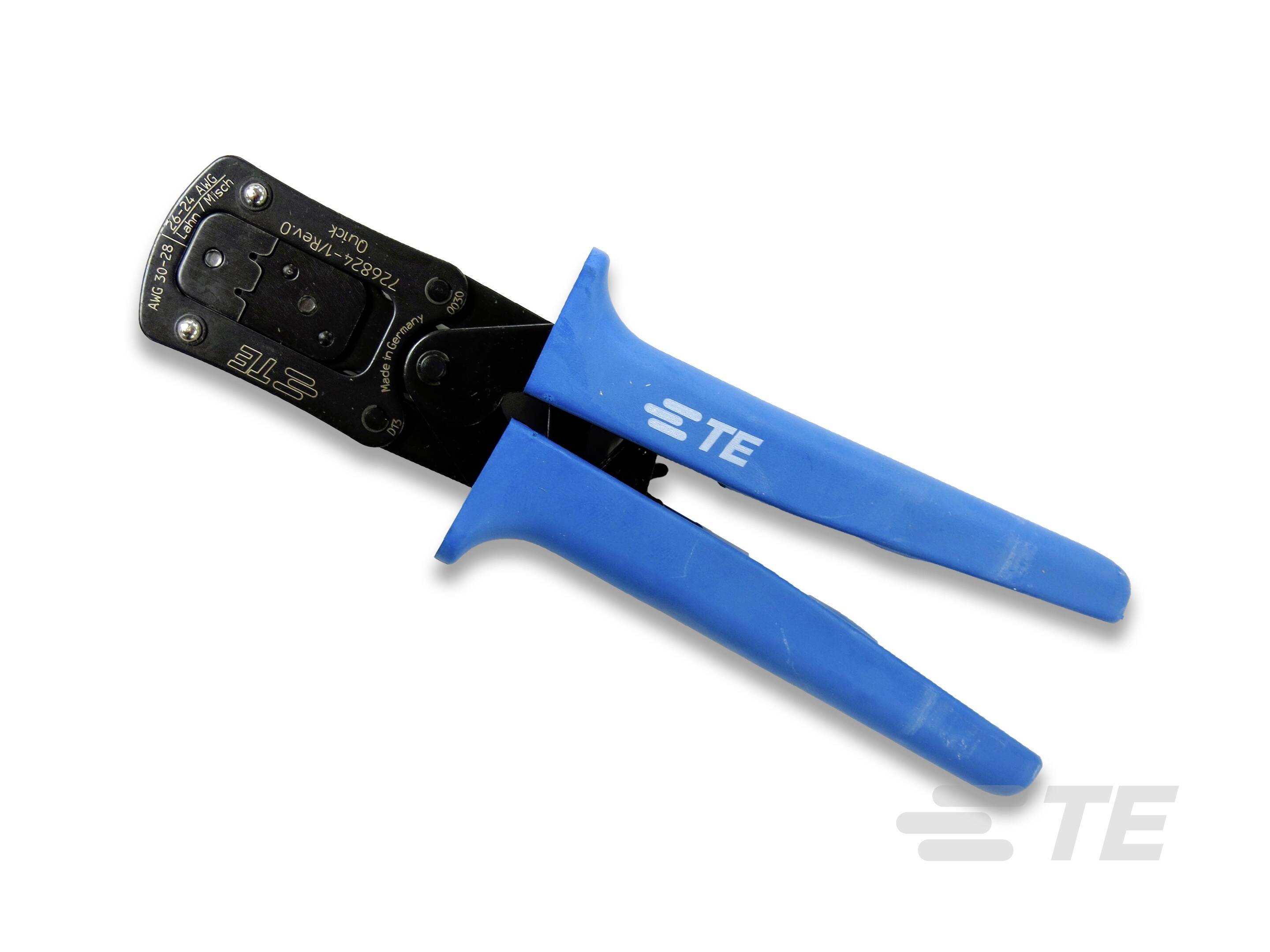 Crimping tool with blue handles, used for connecting cables and connectors. 'TE' brand logo on the handles.