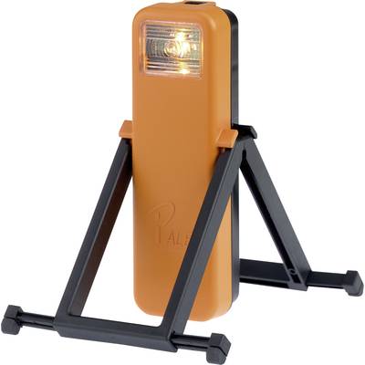 Orange warning light on a black stand, ready for deployment. It has a transparent housing on the front which emits a light.