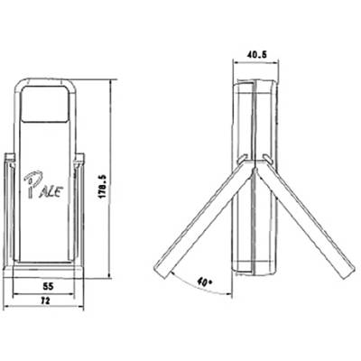 Technical Drawing of a Turnstile with Dimensions: Height 178.5, Width 55 cm, Depth 72 cm. Side View with 40° Arm Angle.