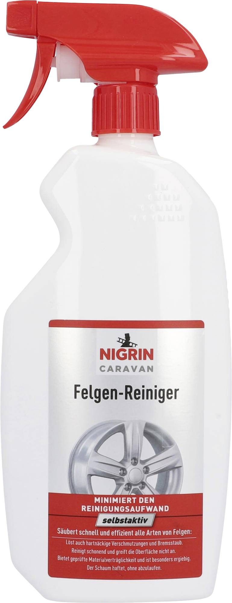 A bottle of wheel cleaner with a red spray nozzle. Text on the bottle: 'NIGRIN Caravan Wheel Cleaner'.