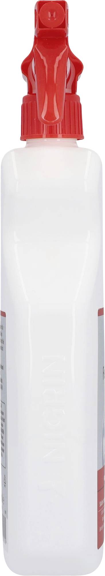 White plastic bottle with a red spray nozzle, shown from the side. Ideal for cleaning or household purposes.