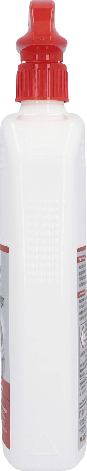 A white bottle with a red cap, likely a cleaning product, stands upright. Side label with safety information.