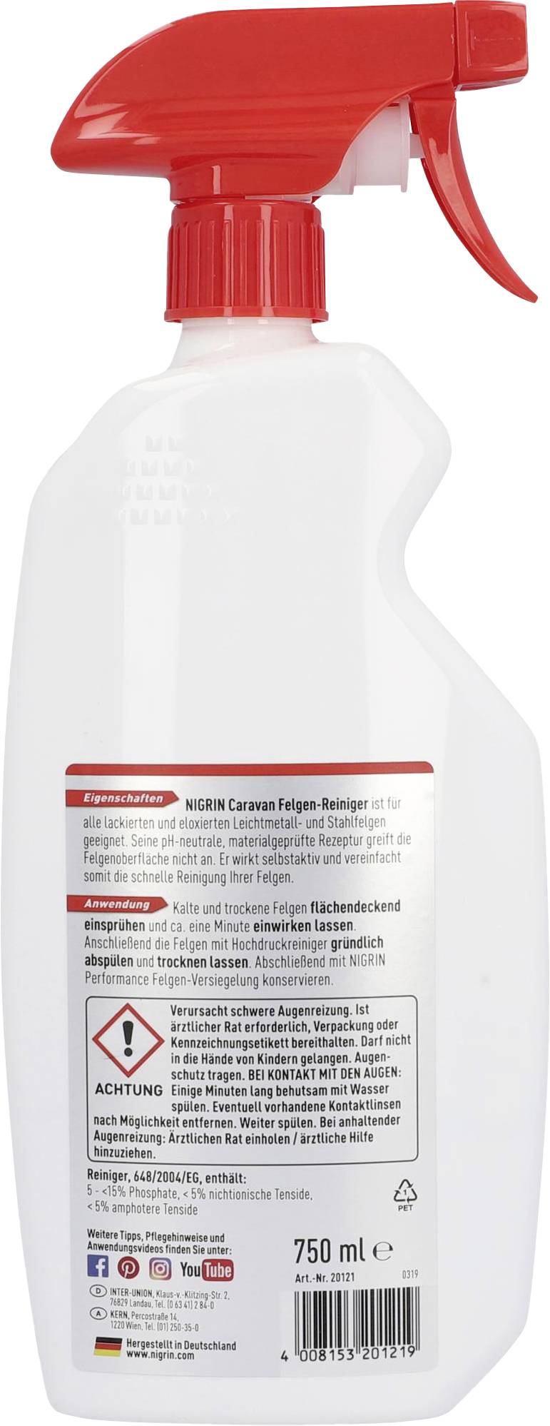 750 ml spray bottle of NIGRIN Caravan Wheel Cleaner. Label displays application instructions and warning notices in English.