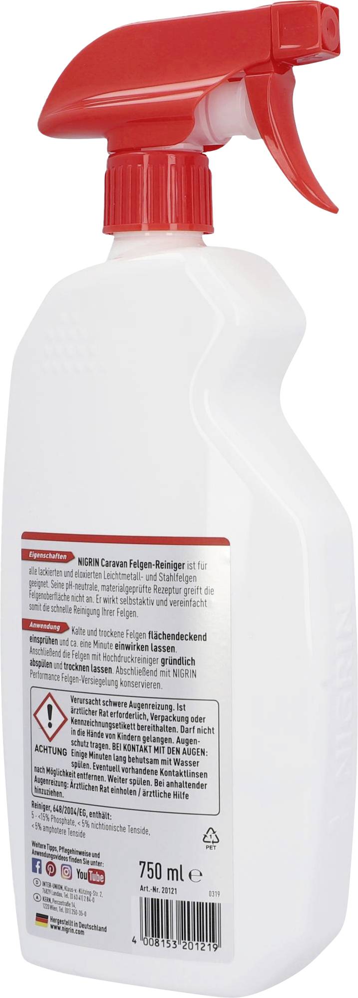 A white bottle with a red spray nozzle. The label contains instructions and warnings for the use of a cleaning product.