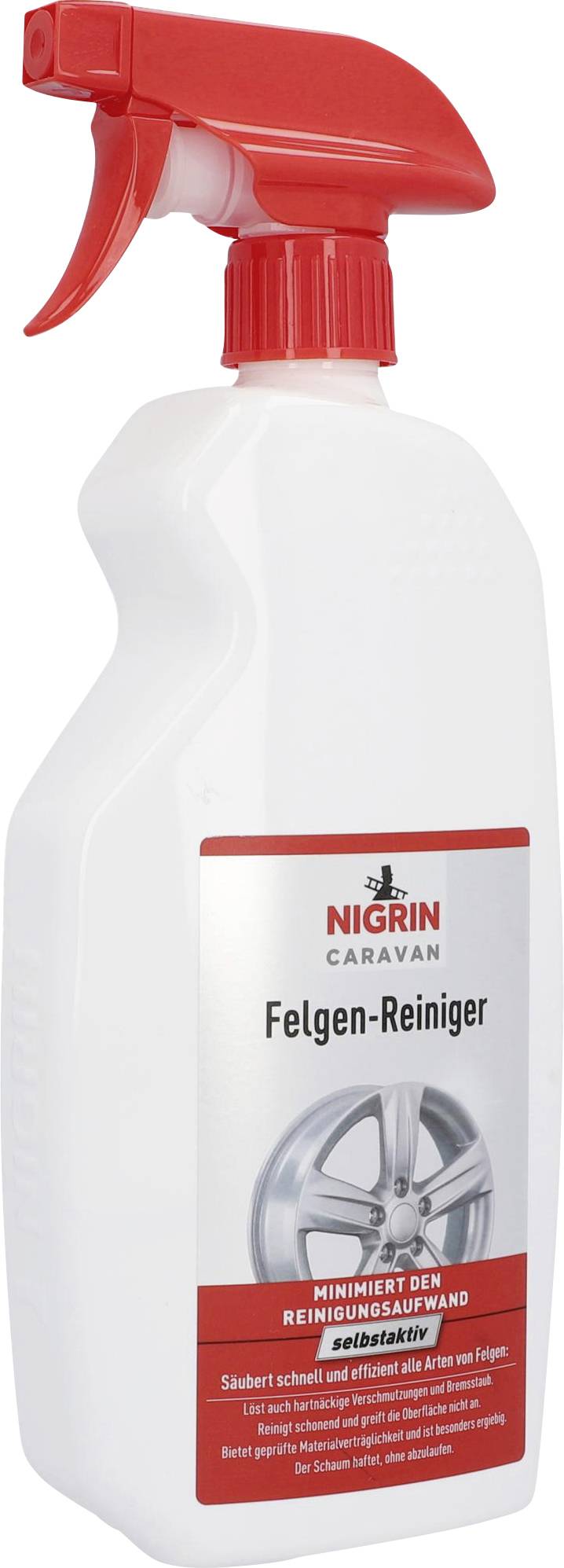 A white spray bottle with a red spray nozzle. On the front, it reads 'Nigrin Caravan Wheel Cleaner'. Suitable for quick cleaning.