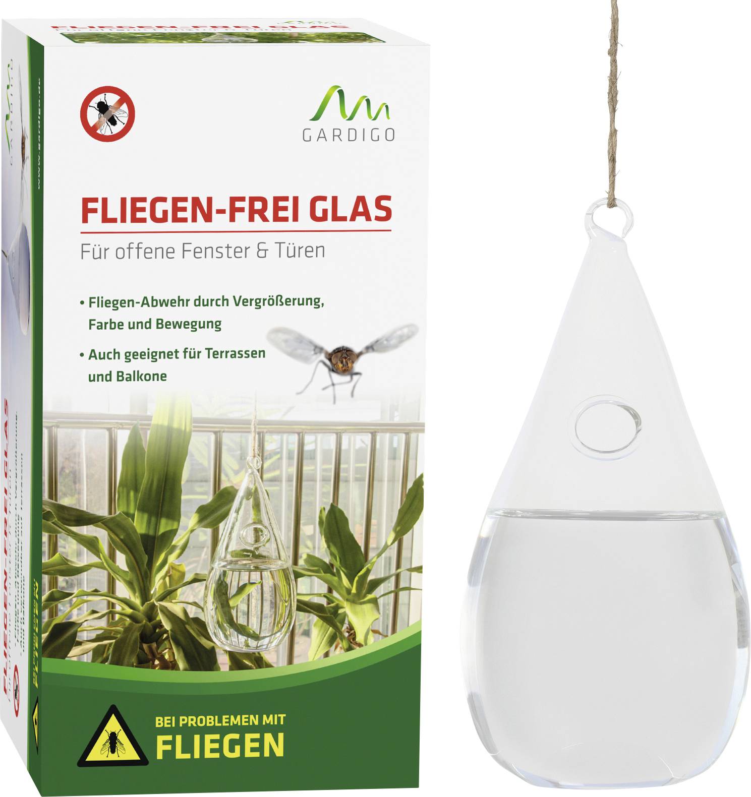 Packaging for a fly repellent with glass trap for open windows and doors, suitable for patios and balconies.