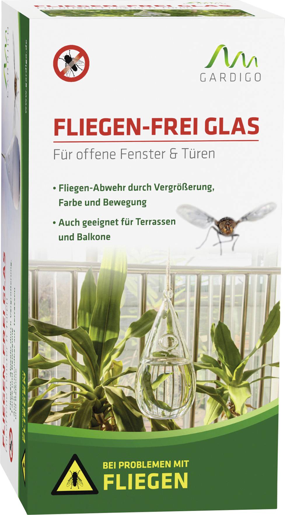Cardboard box for 'Fly-Free Glass' for fly repellent. Shows an image of the glass and a fly. Suitable for windows and doors.